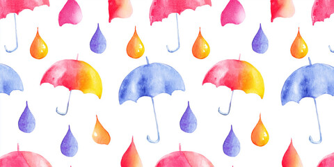 Obraz premium 水彩風のカラフルな傘と雨粒のシームレスパターン背景｜手描きイラスト・梅雨・レイニーシーズン・装飾素材・ポップ・明るい・雨の日デザイン・バックグラウンド