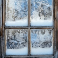 Frosty winter scene on a weathered window pane.
