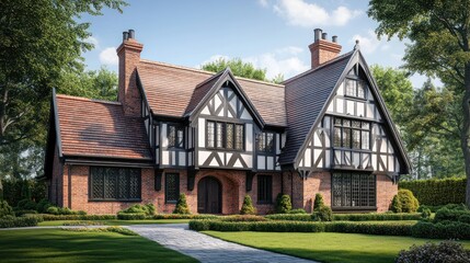 Charming, traditional, two-story home with half-timbered facade, surrounded by landscaping