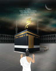 Hajj illustration – A Muslim pilgrim prays at the Kaaba under a starry night sky. Captures the spirit of Hajj. Ideal for Islamic content, Hajj cards, education, and spiritual designs.
