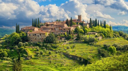 Picturesque hilltop village nestled amongst vineyards and olive groves. Lush greenery surrounds ancient buildings