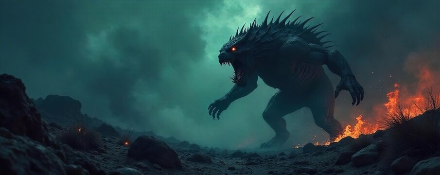A terrifying, guttural scream erupts from a shadowy, unseen monster, its sound echoing through a dark, desolate landscape  The image evokes fear, horror, and the unknown ,  mysterious,  ghastly