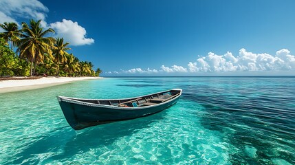 Naklejka premium Tranquil turquoise waters of a tropical beach with a small boat.