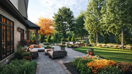 Fototapeta premium Tranquil backyard patio, lush landscaping