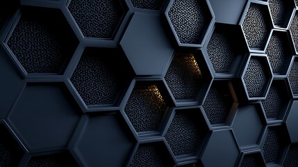 Seamless dark blue 3D hexagon pattern with flat geometric texture design for modern digital background and technology concept use