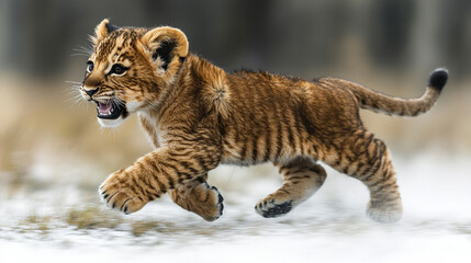 Obraz premium 3D clipart of a hyper-detailed lion cub mid-roar, playful yet majestic expression, isolated on white background