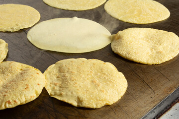 A view of a freshly made corn tortillas on a griddle surface.