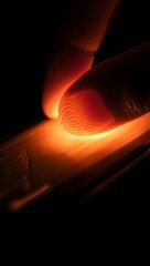 The delicate human finger presses a radiant, glowing surface, highlighting intricate details. A powerful visualization.