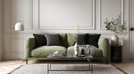 Cozy living room with a green sofa, decorative pillows, and a stylish coffee table in a modern home