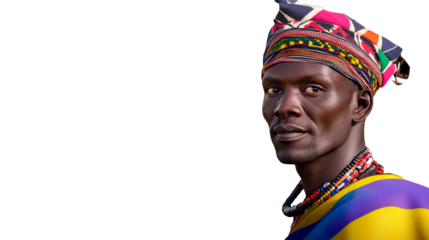 African man in traditional turban and beaded necklace, cut out transparent