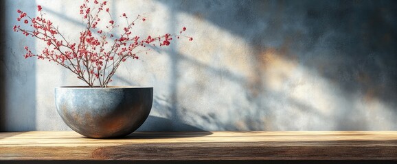 Red berries in a vase on wood shelf with light and textured wall