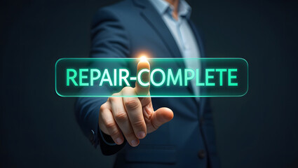 Repair complete service done maintenance fix finished businessman pointing at the virtual screen