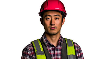 Fototapeta premium Asian Construction Worker Portrait in Hard Hat, Vest, cut out transparent
