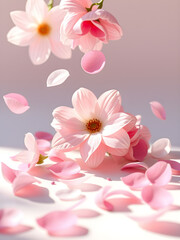 Delicate Pink Flowers and Falling Petals on a Soft Background