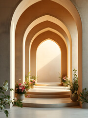 Fototapeta premium Sunlit Architectural Archway with Flowers and Steps