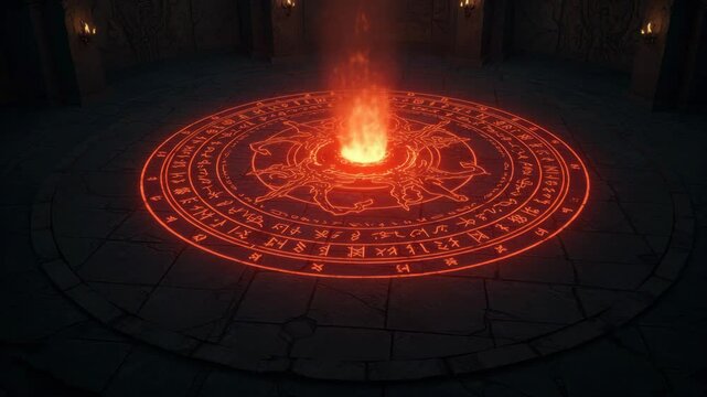 Glowing magical summoning circle emitting red light in a dark arcane environment