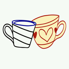 Two Cute Cartoon Teacups Together: Striped & Heart Design