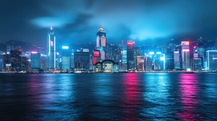 Fototapeta premium Hong Kong's Vibrant Skyline: A Nightscape Symphony of Urban Illumination and Aquatic Reflection