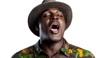 African male singing with closed eyes and hat, cut out transparent