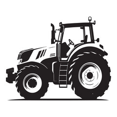 A black and white vector illustration of a modern agricultural tractor in side profile