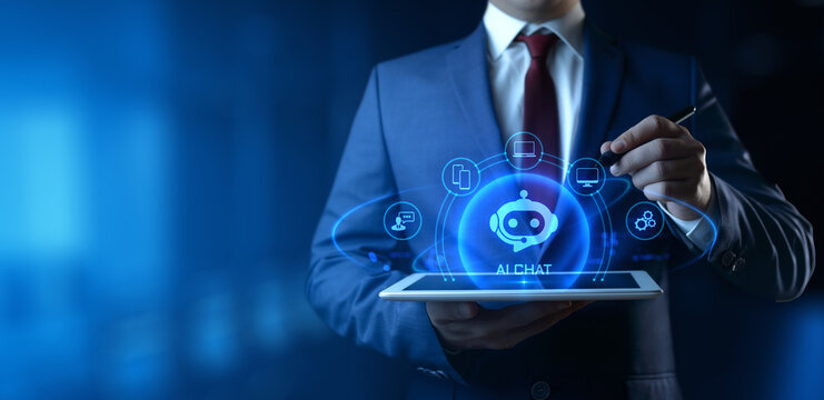 Businessman Holding smartphone with Ai Chat Icons on Screen. Artificial Intelligence Technology concept