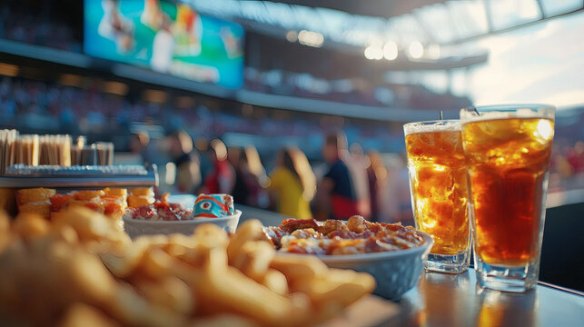 A vibrant concession stand displays various snacks in a lively stadium, with fans eagerly enjoying the game in the background and a bright menu board
