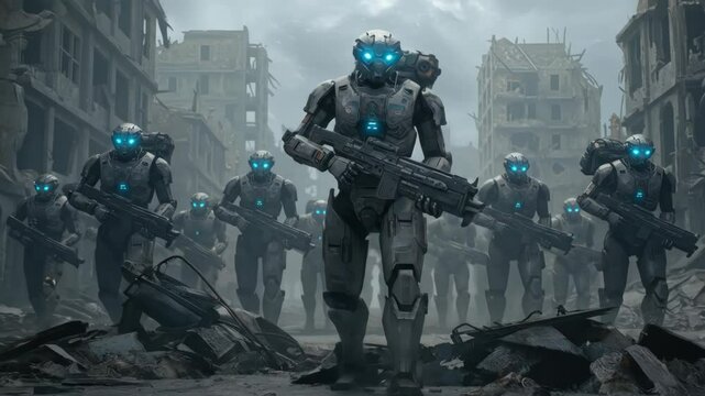 Futuristic Armored Soldiers Patrolling War-Torn City