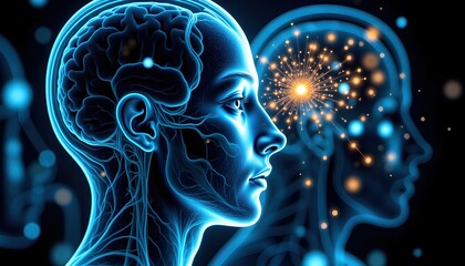 Dual exposed face and brain scan with digital schematics, muted colors