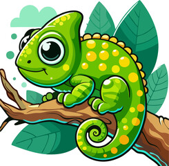 Cute Cartoon Chameleon with Yellow Spots on Tree Branch – Colorful Jungle Reptile Character with Big Eyes and Leafy Background