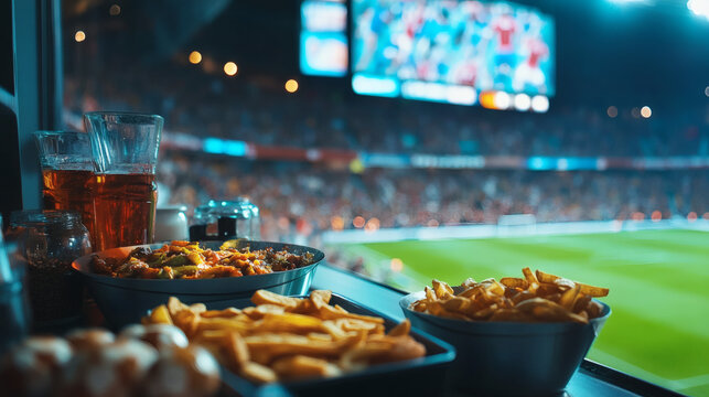 A vibrant concession stand displays various snacks in a lively stadium, with fans eagerly enjoying the game in the background and a bright menu board
