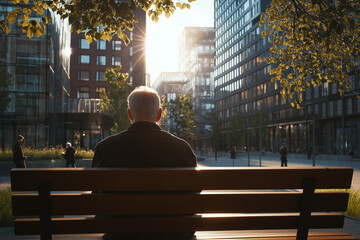 Lonely Elderly Man Sitting on Bench in Busy City – Urban Isolation Concept