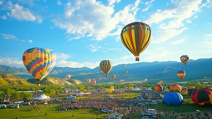 Fototapeta premium Colorful hot air balloons over a large gathering of people.