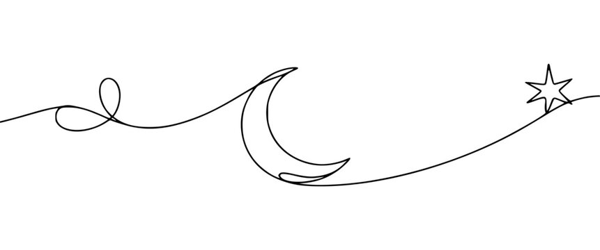 Continuous line art crescent moon and star