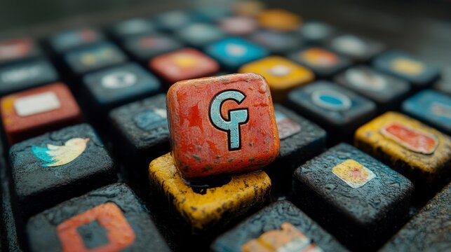 Macro shot of colorful app icon keys with a textured, weathered look arranged on a dark surface