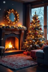 A cozy winter scene featuring a fireplace, decorated Christmas tree, and warm, inviting lighting, perfect for holiday celebrations and winter themes , cozy, evergreen