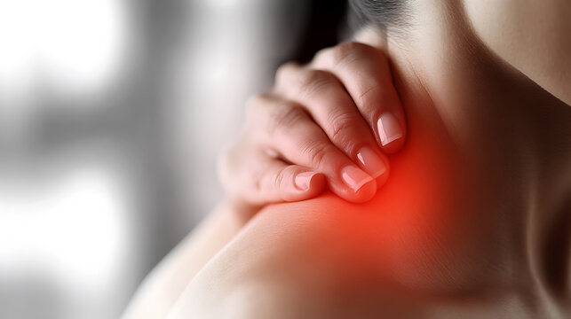 Woman holding her shoulder, feeling pain.