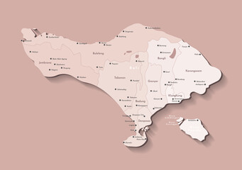 Vector isolated illustration. Simplified beige administrative map of Bali, Indonesia with nearest island Nusa Penida. Brown background. Names of cities, villages and Regencies
