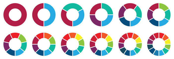 Pie chart set, segmented circle icons with circle diagram. Infographic wheel segment or sections parts. Pie chart divided Circle diagram collection. Color pizza or donut round diagram. Vector set 
