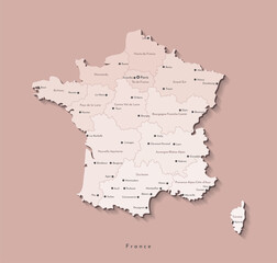 Vector isolated modern illustration. Simplified geographical map of France, Mainland region. Beige shape, brown background. Names of big french cities and regions.