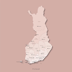 Vector isolated illustration. Simplified administrative map of Finland. Names of big finnish cities and regions. Beige colors. Brown background