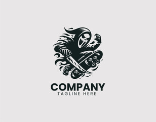 Obraz premium Dynamic Ghost Face Character on Skateboard with Menacing Knife Vector Logo Design