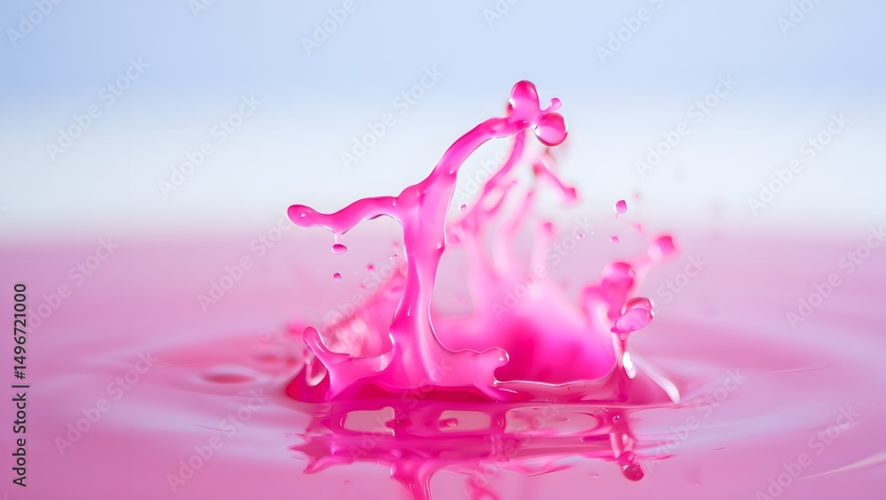 Poster captivating capture of a vibrant pink liquid as it collides, creating a dynamic, crown-like splash. 