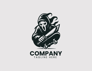 Fototapeta premium Dynamic Ghost Face Character on Skateboard with Menacing Knife Vector Logo Design