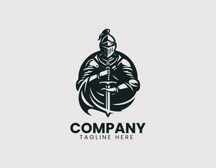 Noble Medieval Knight in Full Armor Holding Sword Vector Logo Design