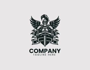 Fototapeta premium Noble Medieval Knight in Full Armor Holding Sword Vector Logo Design