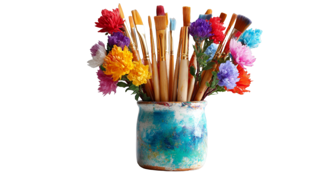 [Transparent Background PNG]Colorful flower bouquet and paintbrushes in a decorative pot - Powered by Adobe