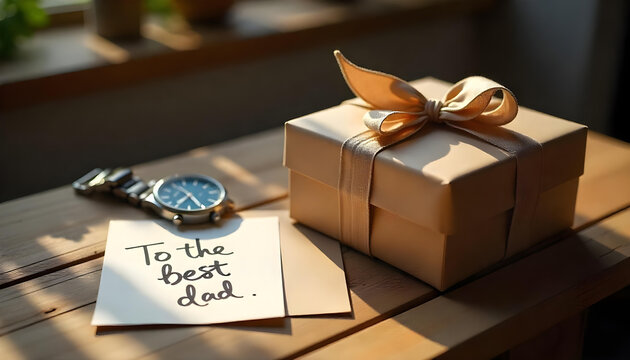 Present for Dad: A close-up image showcasing a thoughtfully wrapped gift box, a stylish wristwatch, and a heartfelt message card placed on a wooden surface.