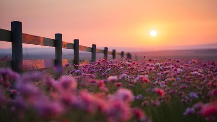 Obraz premium A breathtaking sunrise bathes a blooming meadow in soft hues, evoking a sense of tranquility and natural beauty. Focus is on the fence, blossoms, and vibrant colors.