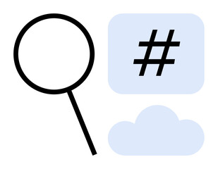 Magnifying glass, metadata tag symbol, and a cloud concept for exploring trends, data, and connectivity. Ideal for analytics, social media, research, SEO marketing digital networks simple landing