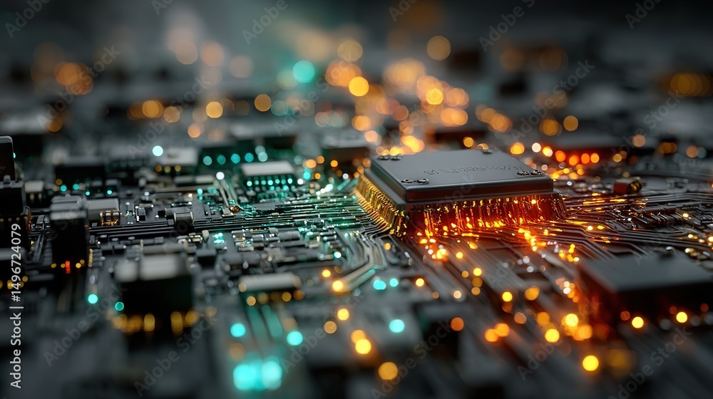 Poster close-up circuit board with glowing orange microchip – high-tech computer hardware & electronic comp